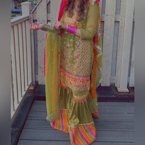 Vibrant Green and Pink Traditional Dress
